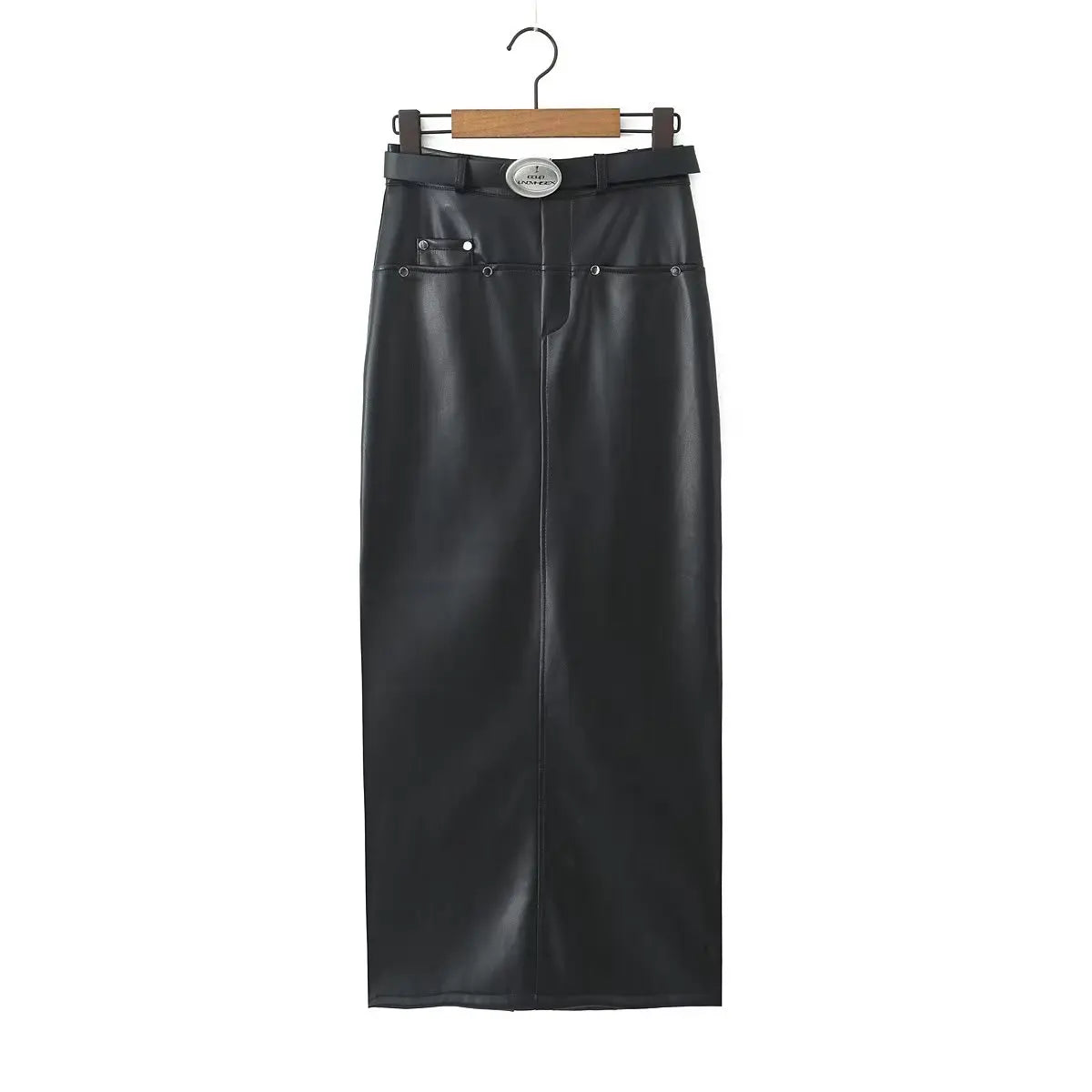 Sexy Black Back Slit PU Leather Pencil Skirt With Belt Women Package Hips Maxi Long Skirts