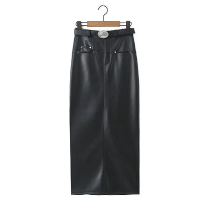 Sexy Black Back Slit PU Leather Pencil Skirt With Belt Women Package Hips Maxi Long Skirts