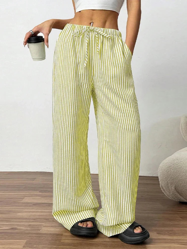 Striped Drawstring Wide Leg Pants Elastic Waist Lightweight Trousers for Summer Office Casual Vacation Wear Women Slack