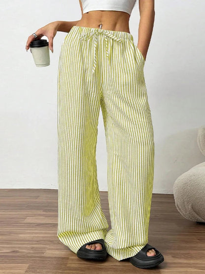 Striped Drawstring Wide Leg Pants Elastic Waist Lightweight Trousers for Summer Office Casual Vacation Wear Women Slack