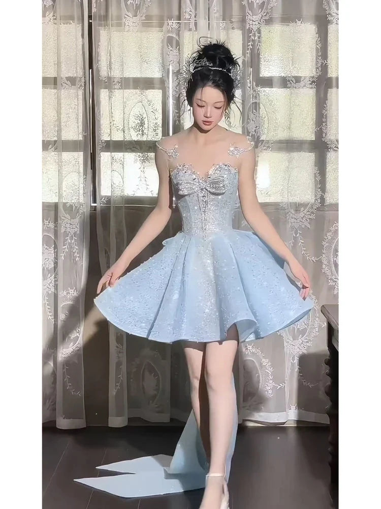 Summer New Blue Heavy Craft Engagement Short Dress Fairy Style High-End Light Luxury Birthday Party Host Dress