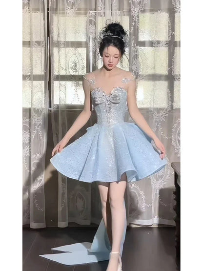 Summer New Blue Heavy Craft Engagement Short Dress Fairy Style High-End Light Luxury Birthday Party Host Dress