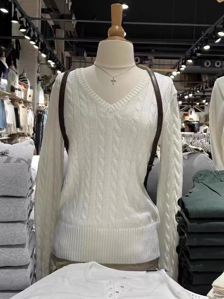 Vintage Twisted Floral V-neck Knit Sweater Women Cotton Warm Slim Preppy Style Solid Pullovers Tops Sweet Chic Cute Jumpers Y2K