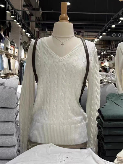 Vintage Twisted Floral V-neck Knit Sweater Women Cotton Warm Slim Preppy Style Solid Pullovers Tops Sweet Chic Cute Jumpers Y2K