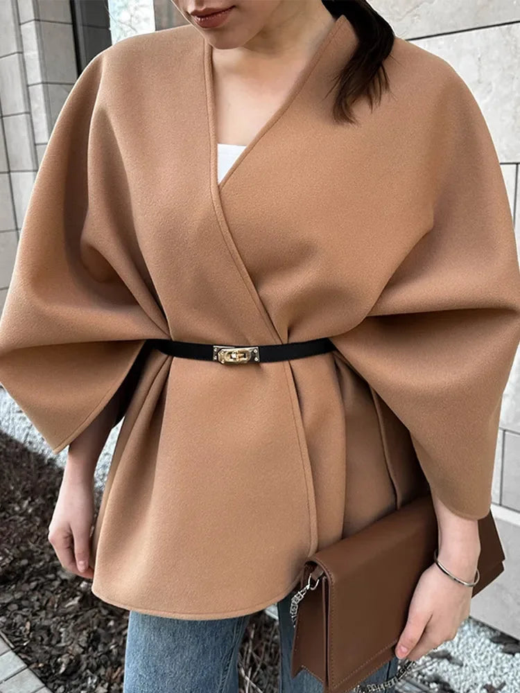 Elegant Women's Woolen Cloak Coats V-neck Lace-up Long Overcoats Loose Belt Autumn Jacket 2025 Buttonless Streetwear Outerwears