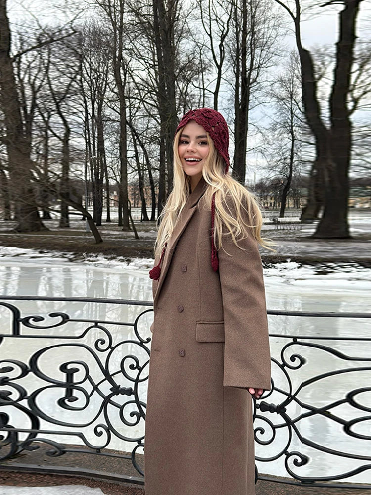 Elegant Solid Double Breasted Long Coat Women Chic Casual Loose Lapel Pad Shoulder Tweed Coats Lady Winter Retro Street Outwear