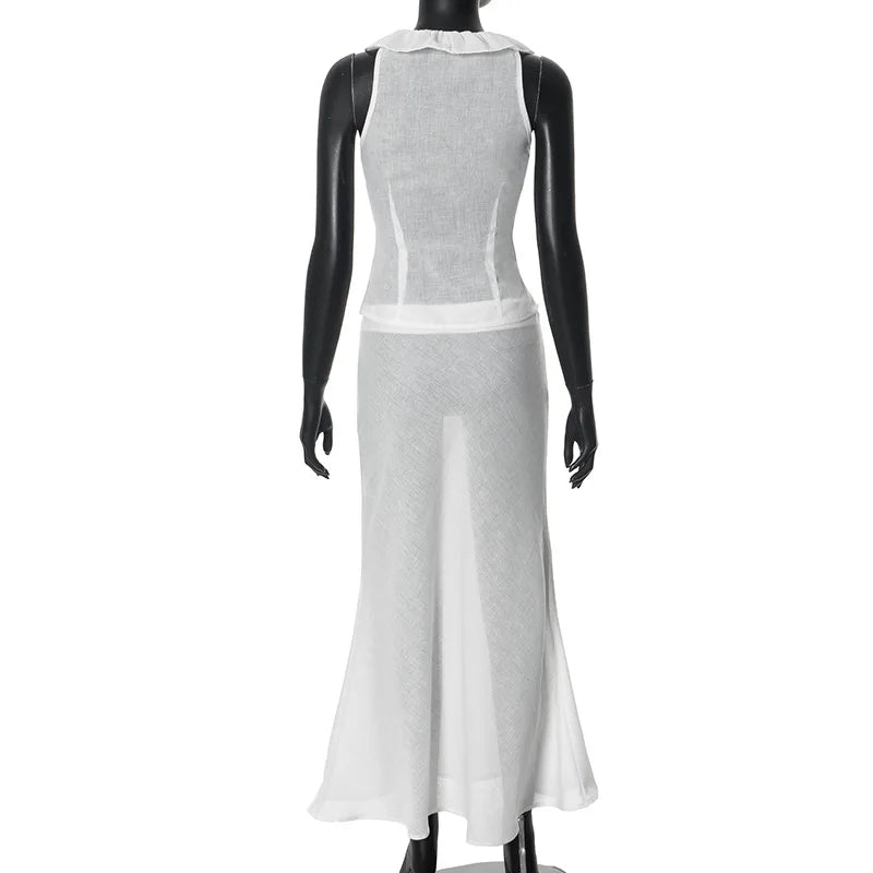 Sets For Women 2 Pieces Ruffes Tank Top Low Rise A-Line Long Skirt See Through French Outfit Summer Clothes For Female