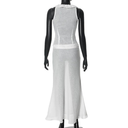 Sets For Women 2 Pieces Ruffes Tank Top Low Rise A-Line Long Skirt See Through French Outfit Summer Clothes For Female