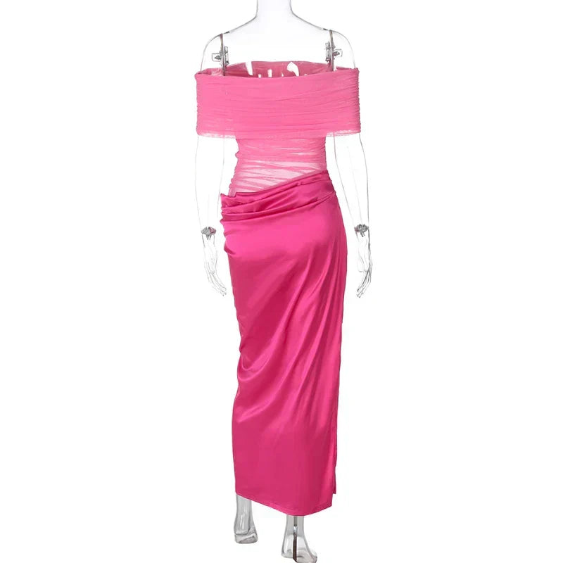 Off-Shoulder Mesh Ruched Bodice Satin Wrap Slit Maxi Dress