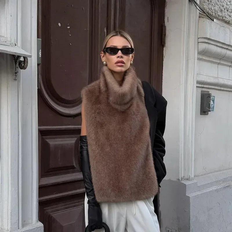 Cool Winter Women Artificial Fur Vest Turtleneck Sleeveless Pullover Female Mink Fur Jacket Instagram-Style Lady Eco Fur Outwear