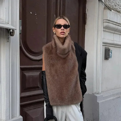 Cool Winter Women Artificial Fur Vest Turtleneck Sleeveless Pullover Female Mink Fur Jacket Instagram-Style Lady Eco Fur Outwear