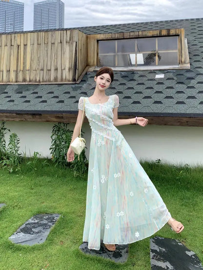 French High-Grade Sweet Dress Women's New Summer Fashion Chic Print Slim Medium Length Pear Shape Evening Dresses