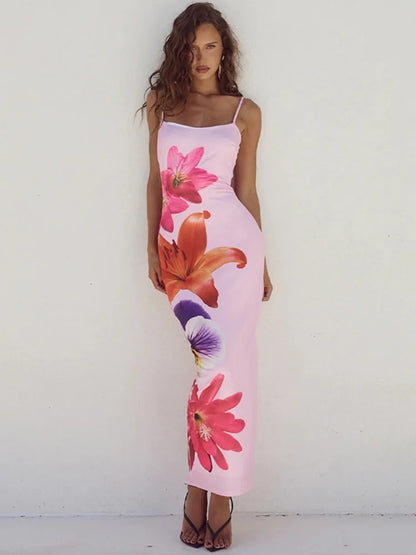 Large Lily Floral Print Spaghetti Strap Square Neck Bodycon Maxi Dress