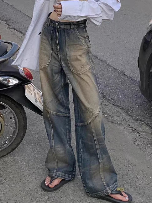 Washed Patchwork High Waist Jeans for Women American Vintage Distressed Straight Jeans Hip Hop High Street Wide Leg Trousers