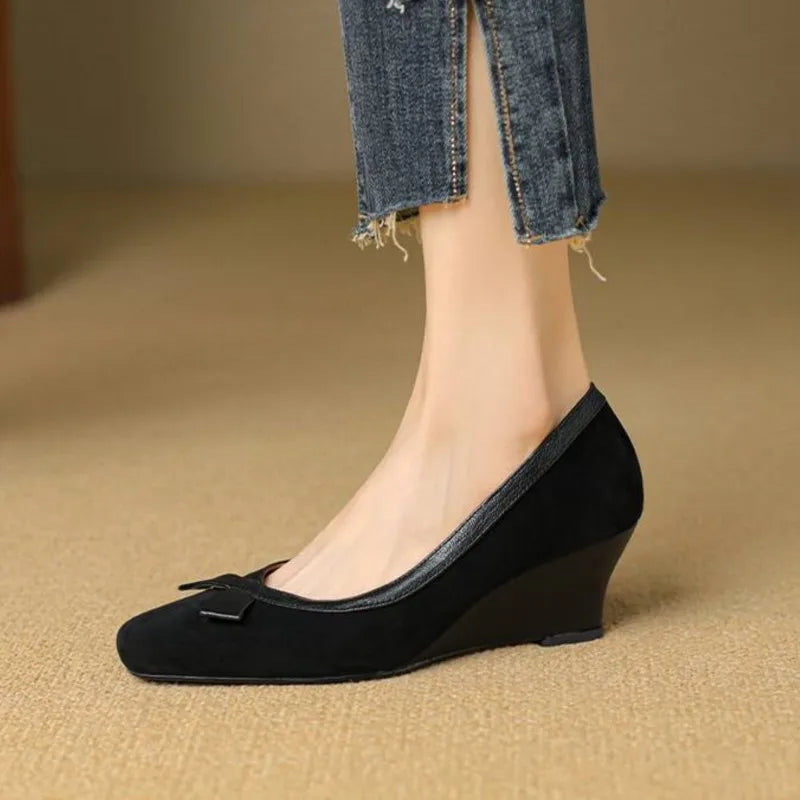 Women's Wedges Pumps Faux Suede Boat Shoes High Heels Slip on Dress Shoes Autumn Bow Boat Shoes for Zapatos Mujer 1861