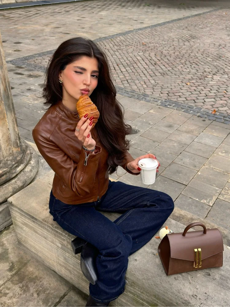 Retro Solid Stand Up Collar Women's Leather Jacket Slim Fit Long Sleeved Zipper Motorcycle Coats Chic High Street Lady Outerwear