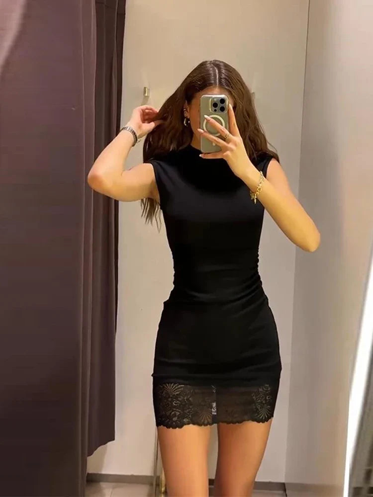 Sleeveless Stretch Lace Patchwork Short Dress Women Sexy O-neck Waist Cinching Hip Package Bodycon Evening Dresses Chic New Robe