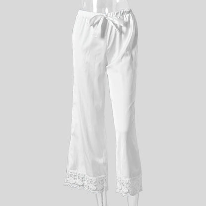 Lace Satin Patchwork Pants Solid Color Lace Up Elastic Waist Women's Casual Lace Bottom Wide Leg Pants Daily Chic Outfit