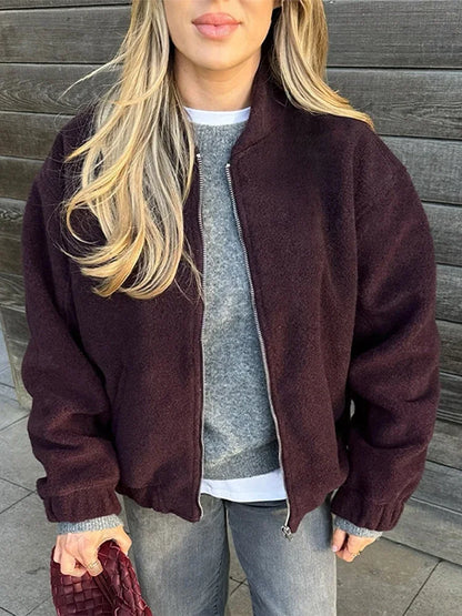 Casual Zipper Long Sleeve O-neck Coat for Women Spring New Solid Loose Female Jacket Vintage Ladies Outwear Top High Street
