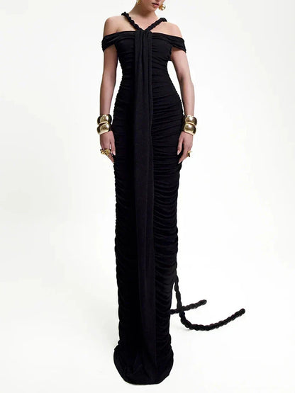 Off Shoulder Braided Halter Ruched Center Panel Maxi Gown