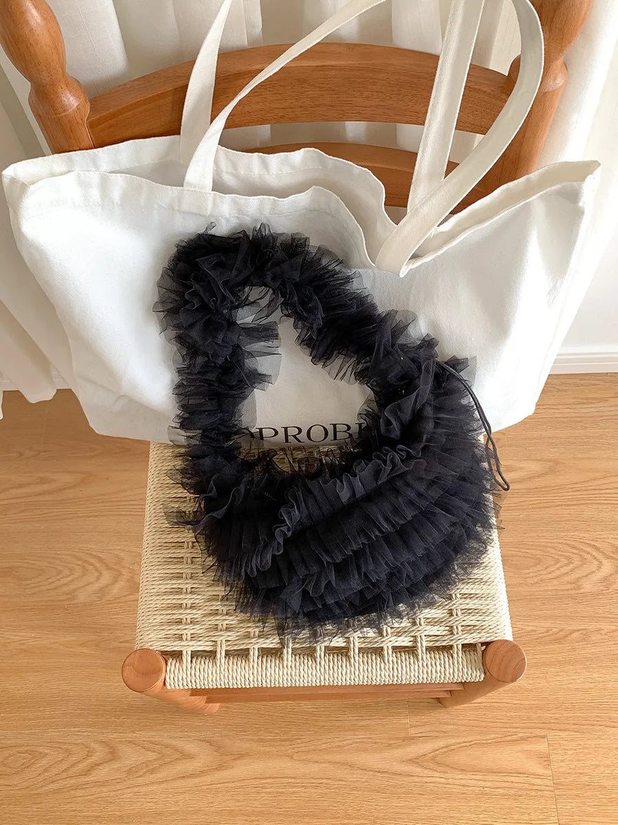 Luxury Design Ruffles Pleated Shoulder Underarm Bag Sweet Girls Y2k Fairy Chic Hobo Bags Mesh Women Solid Purses and Handbags