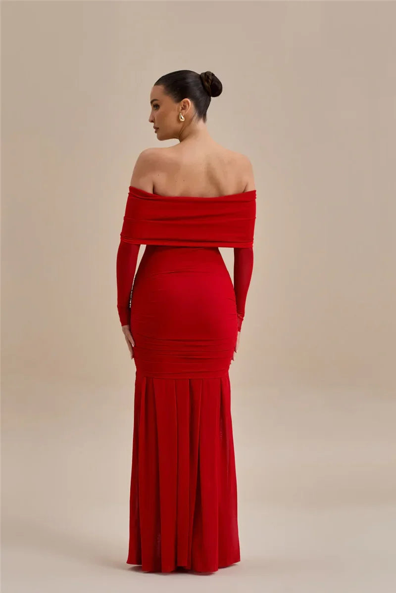 Off Shoulder Mesh Sleeve Ruched Rosette Applique Mermaid Maxi Dress