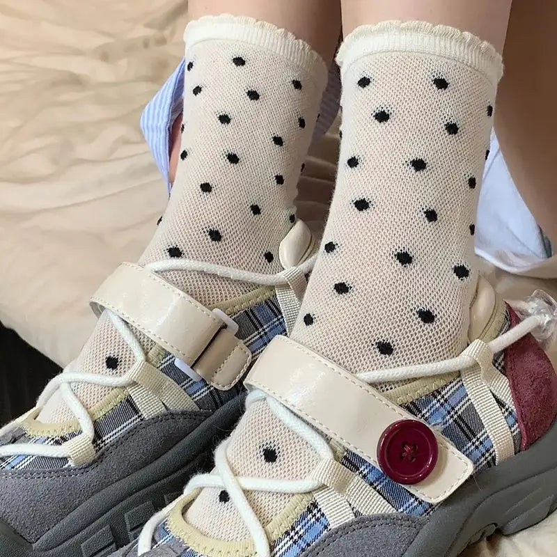Summer Thin Bow Dot Lace Mid Tube Socks Versatile Mesh Hollow College Style Sweet Stacked Socks Japanese JK Calf Socks for Women