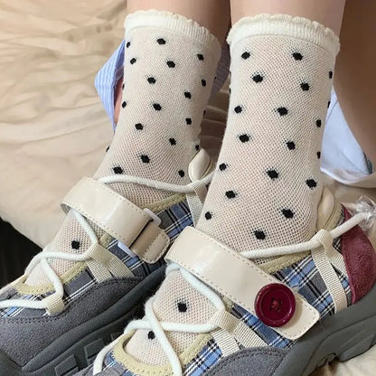Summer Thin Bow Dot Lace Mid Tube Socks Versatile Mesh Hollow College Style Sweet Stacked Socks Japanese JK Calf Socks for Women