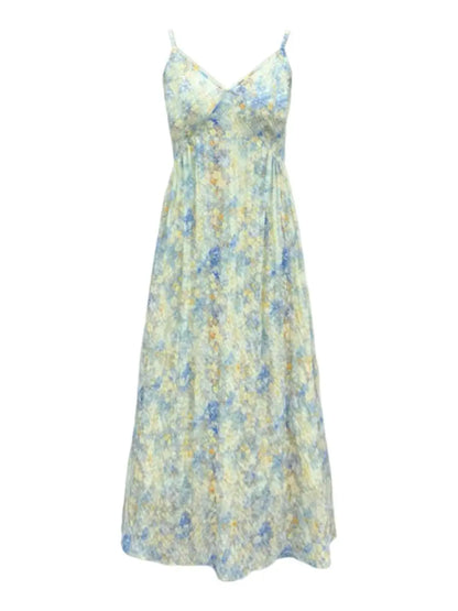 New Pink V-Neck Floral Print Halter Dress Women's Summer Vacation Style Long Dress Tea Break Sweet High Waist A-Line Skirt