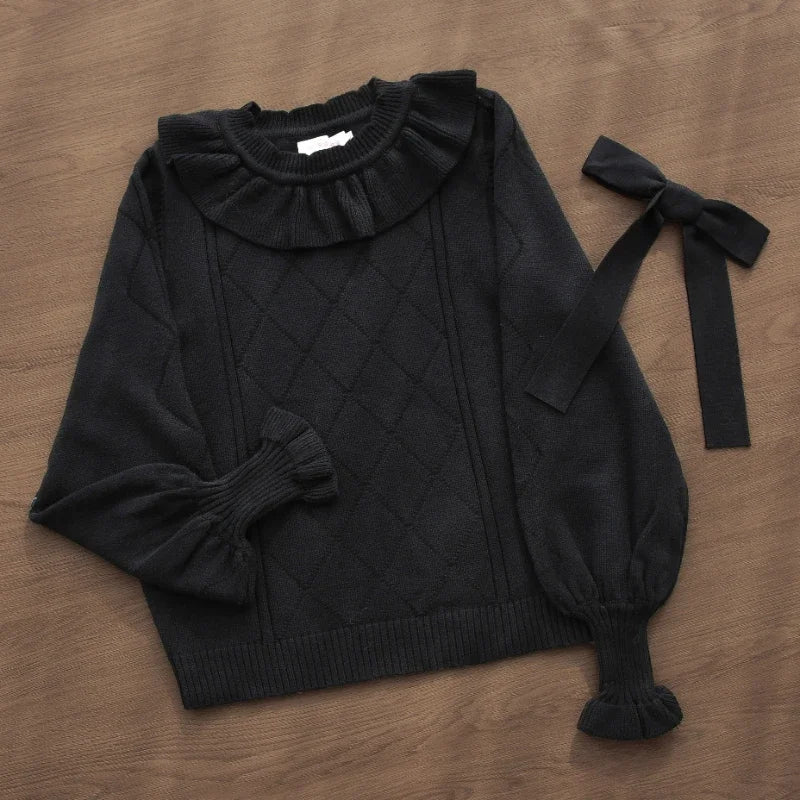 Autumn Winter Sweet Puff Long Sleeves Solid kawaii Knitted Pullover Women Lolita Ruffles Bow Sweater Women Knitwear Jumpers Tops