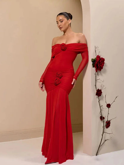 Off Shoulder Long Sleeve 3D Floral Rosette Mermaid Maxi Gown