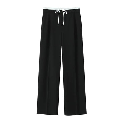 Spring Streetwear Patckwork Black Women Pants High Waist Elastic Wide Leg Long Pants Fashion Summer Bow Tie Trousers