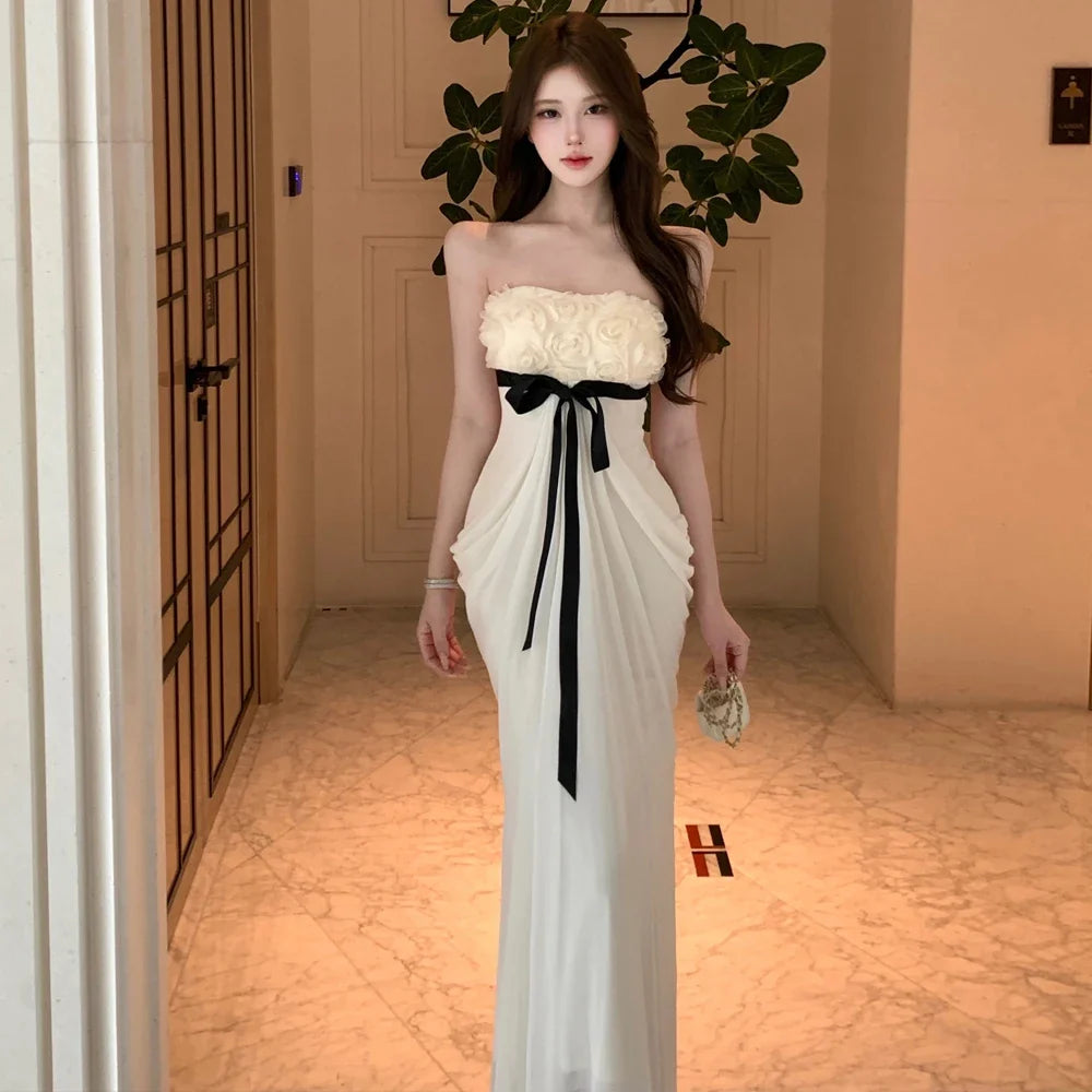 Romantic Sexy Strapless Bodycon Dress with Knot Silk Ribbon High Waist Slimming Long Evening Gown for Women
