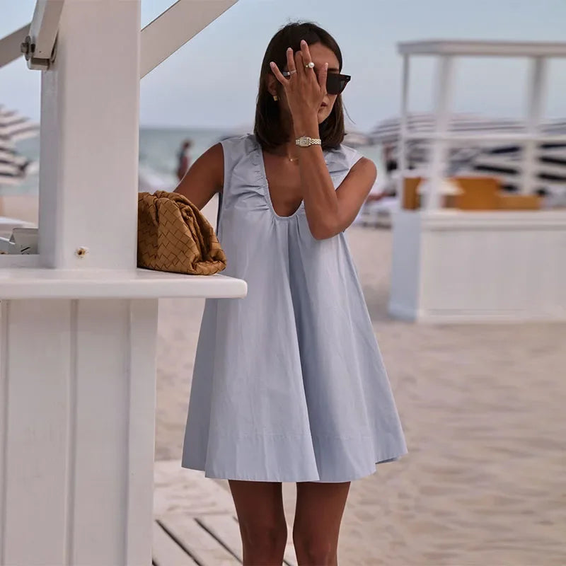 Elegant V-neck Long Dress Women Loose White Sleeveless Backless A-line Beach Dresses 2025 Summer Lady Casual Solid Chic Robes
