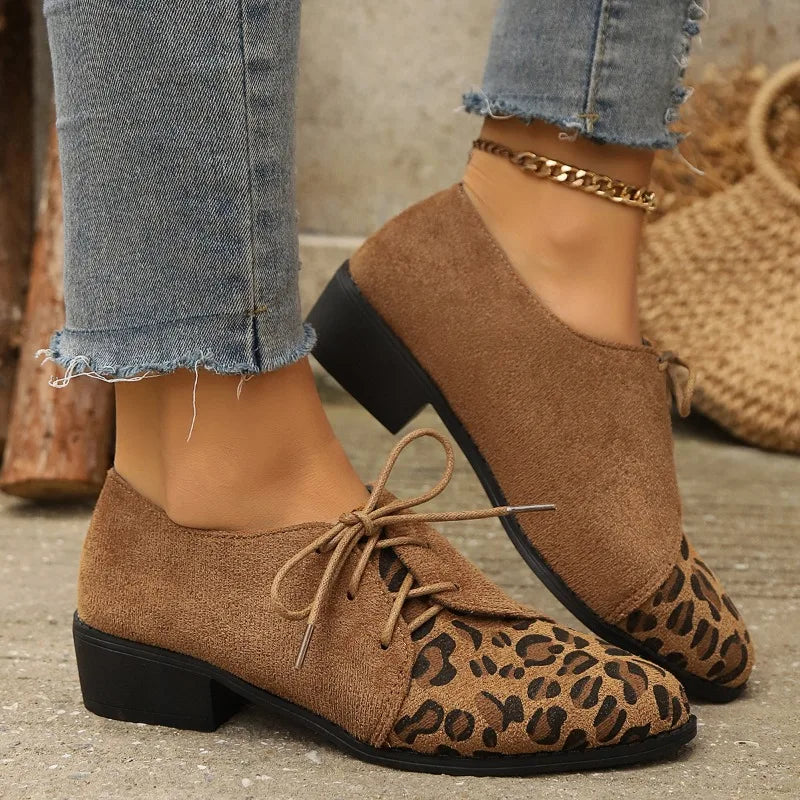 Lace up women's shoes autumn new large pointed 4cm high heels suede medium thick heel comfortable casual women's shoes