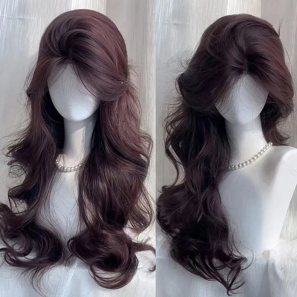 Brown Synthetic Wavy Women Wig Fluffy Lolita Cosplay Heat Resistant Wig for Daily Party