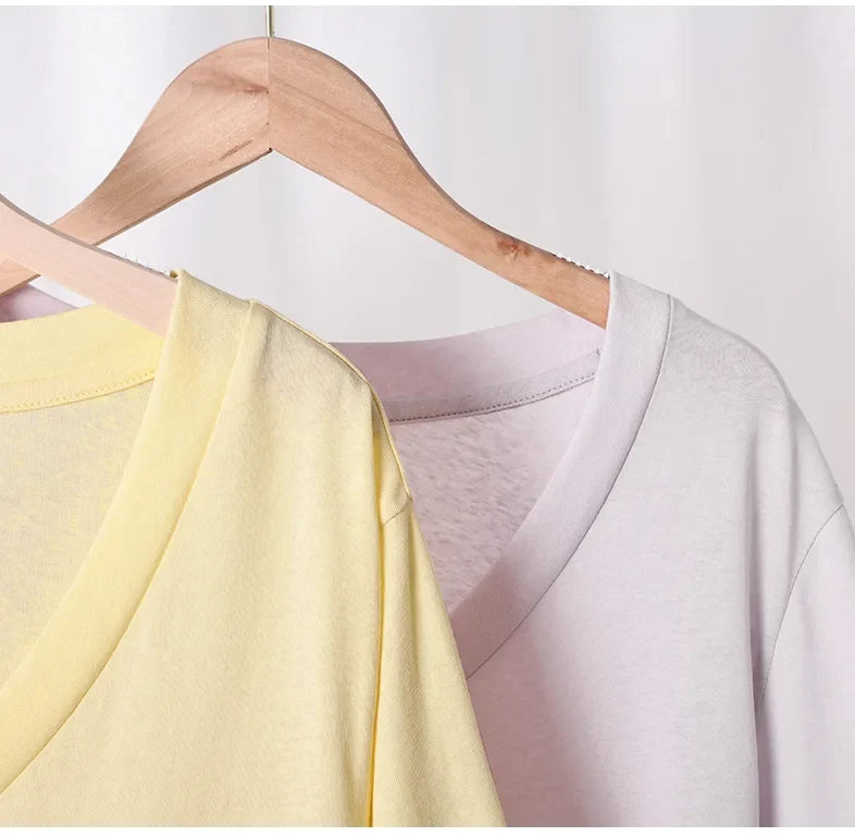 New Fashion Knitted Linen Texture Bamboo Joint Cotton Short-sleeved Loose for Women Deep V-neck Design T-shirt Top 2026 Summer
