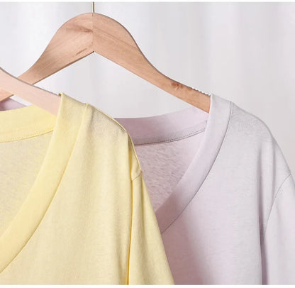 New Fashion Knitted Linen Texture Bamboo Joint Cotton Short-sleeved Loose for Women Deep V-neck Design T-shirt Top 2026 Summer