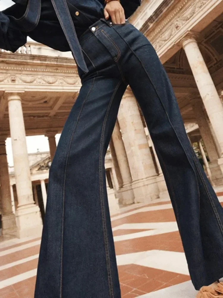 Women's Flared Pants New Autumn Fashion Imitation Denim Jeans High Waisted Loose Fit Split-Joint Casual Trousers