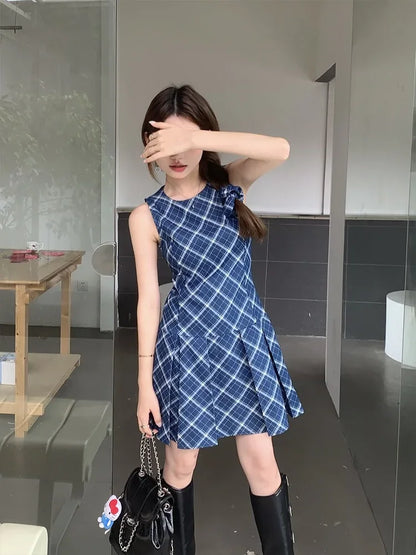Vintage Blue Plaid Sleeveless Dress Low Wasit Mini Pleated Dresses for Women Summer Korean Fashion Retro Slim Clothes