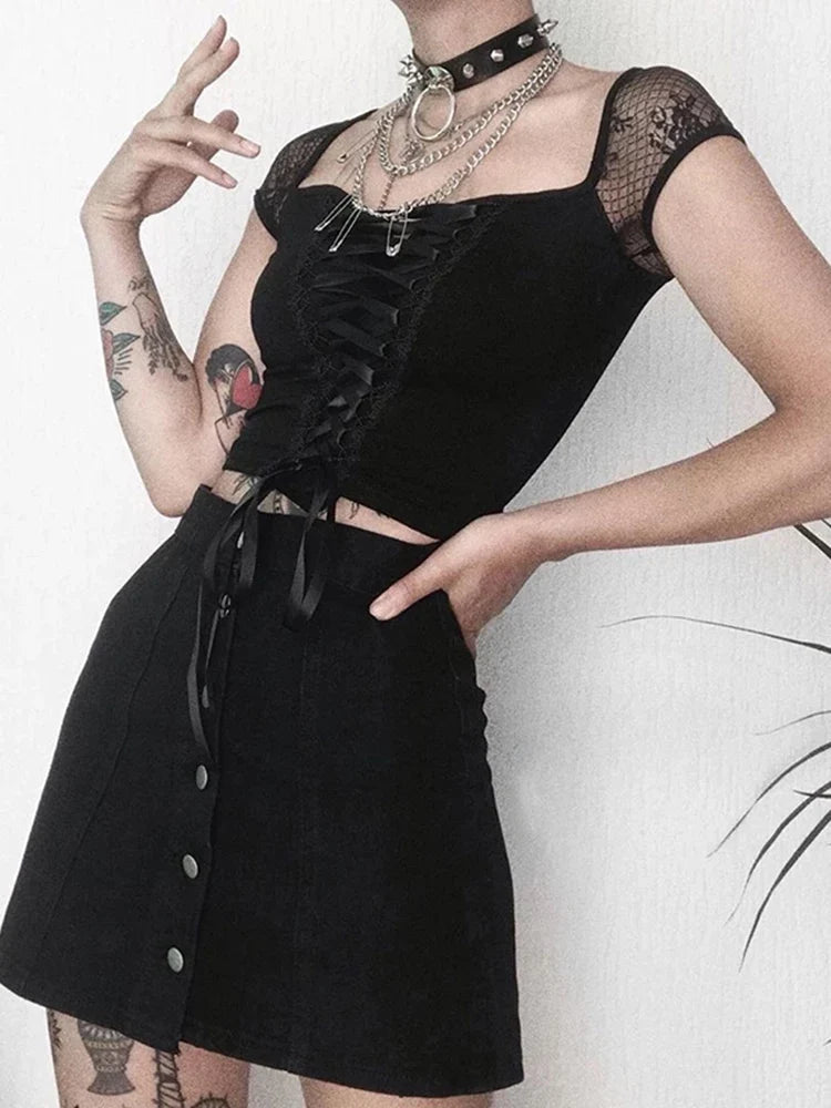 Goth Bodycon Lace Black Crop Top