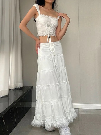 White Long Skirts High Waist Drawstring Casual Cake Skirt for Women Vintage Lace Patchwork Loose Folded Ladies Clothing
