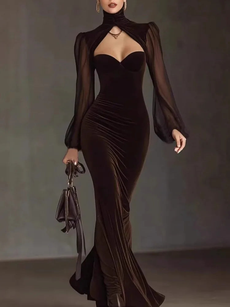 Spring Autumn Velvet Dress Women Long Sleeve Turtleneck Solid Sexy Elegant Evening Party Skinny Stretch Bodycon Dresses