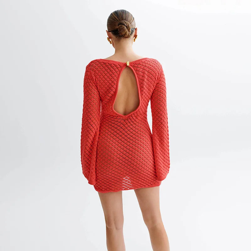 Round Neck Open Knit Lattice Bell Sleeve Crochet Mini Dress