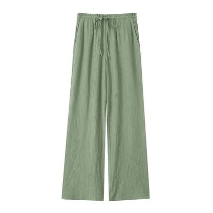 Drawstring Elastic Waist Wide Leg Summer Women Pants Beige Casual Loose Female Long Pantalones 2025 5 Colors Pants