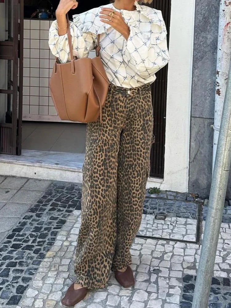 Fashion Leopard Printed Long Pants Women 2024 Spring Summer Slim Pocket High-waist Casual Straight-pants Female Commuter Clothes