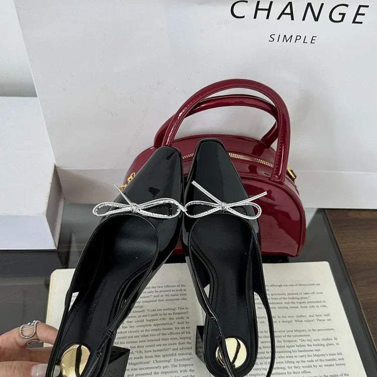 Women's Shoes Silver Block Heels Closed Toe Sandals Shallow Mouth 2025 Summer Chunky Bow Open Retro Pointed Girls New Butterfly-