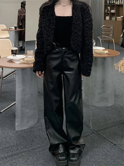 Casual Slim Faux PU Pants Women Chic Slim Autumn Office Lady High Street Fashion New Daily Fashion Loose