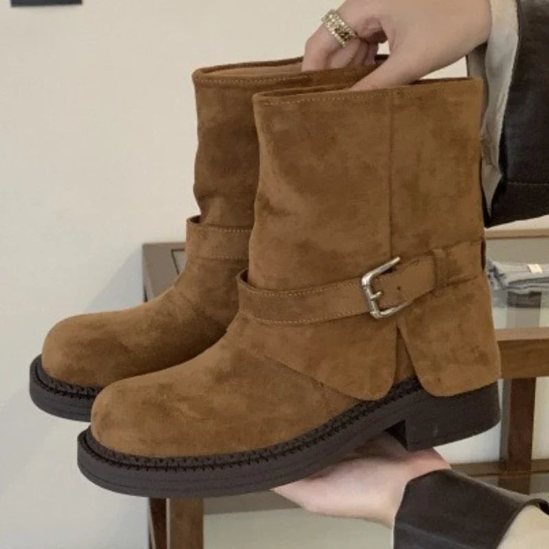Fashion Metal Buckle Decoration Design Ankle Boots Women High Quality Retro Faux Suede Boots Comfortable Non-Slip Platform Boots
