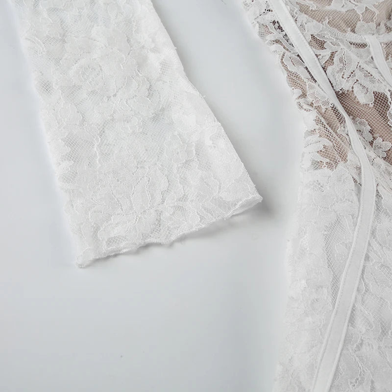 Elegant Fairy White Corset A-line Dress See Through Lace Square Collar Sexy Long Sleeve Short Dresses Aesthetic Sweet